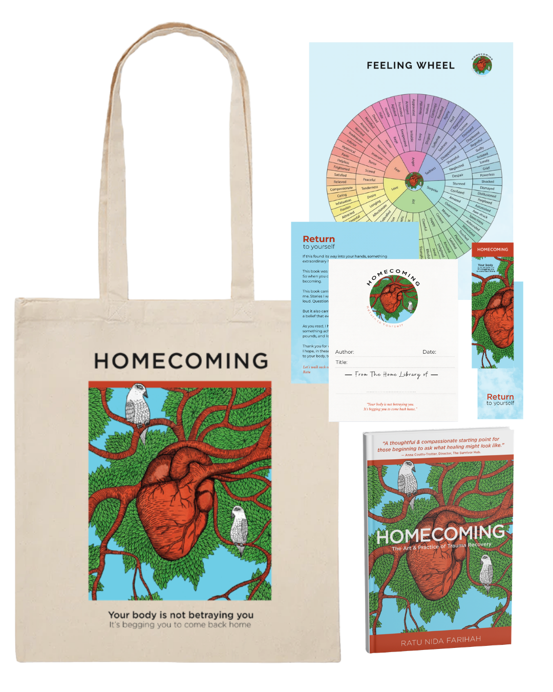 Homecoming bundle package with tote bag, feeling wheel, bookplate and book