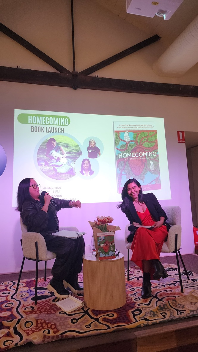 Ratu Nida in conversation on stage at the Homecoming book launch